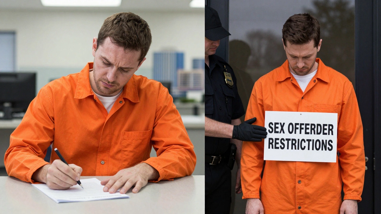 A man in prison uniform contrasts with his future barred from employment.