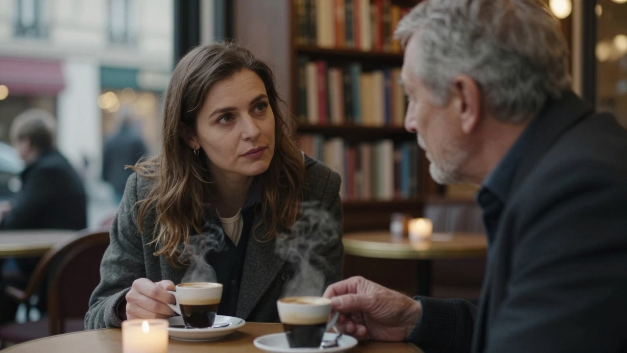 A Russian woman listening intently to a man in a quiet Paris café, steam rising from coffee cups.