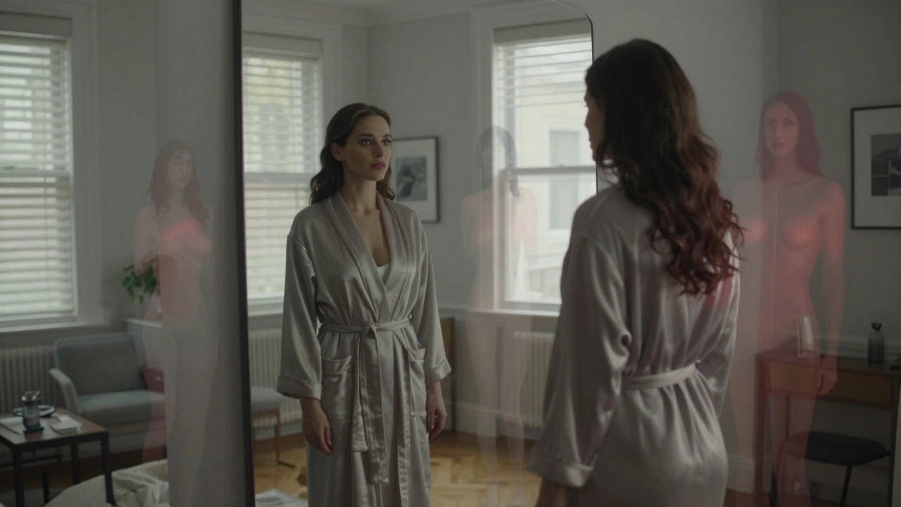 A woman sees ghostly images of her private photos flickering around her reflection.