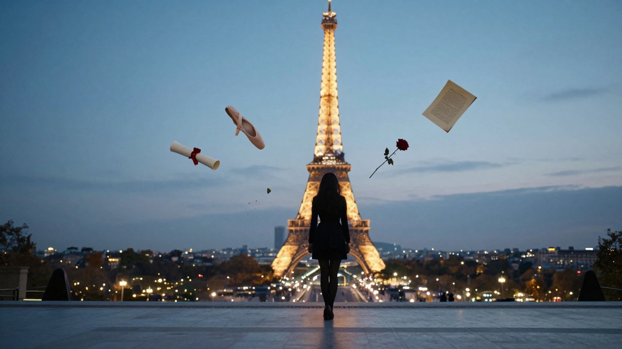Silhouette of a woman on Trocadéro terrace at dusk, floating symbols of intellect and art around her.